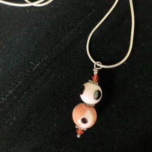 Vintage Colored Glass Two Bead Pendant on Rounded Silver Necklace Chain